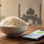 A symbolic image of Zakat Fitrah in Kedah, featuring traditional rice grains and a modern payment interface.