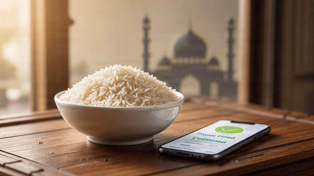 A symbolic image of Zakat Fitrah in Kedah, featuring traditional rice grains and a modern payment interface.